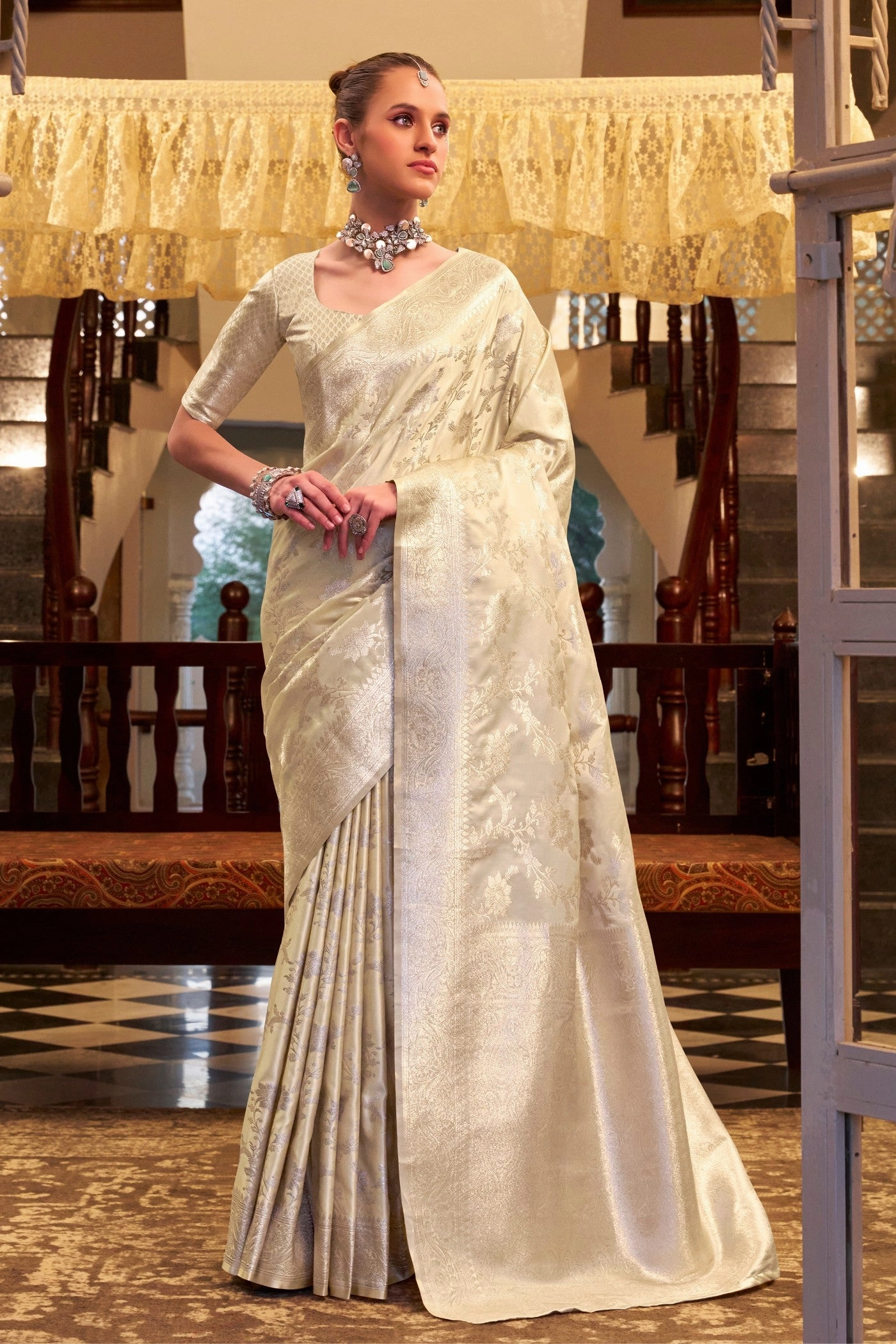 Bisque Cream Woven Banarasi Satin Soft Silk Saree