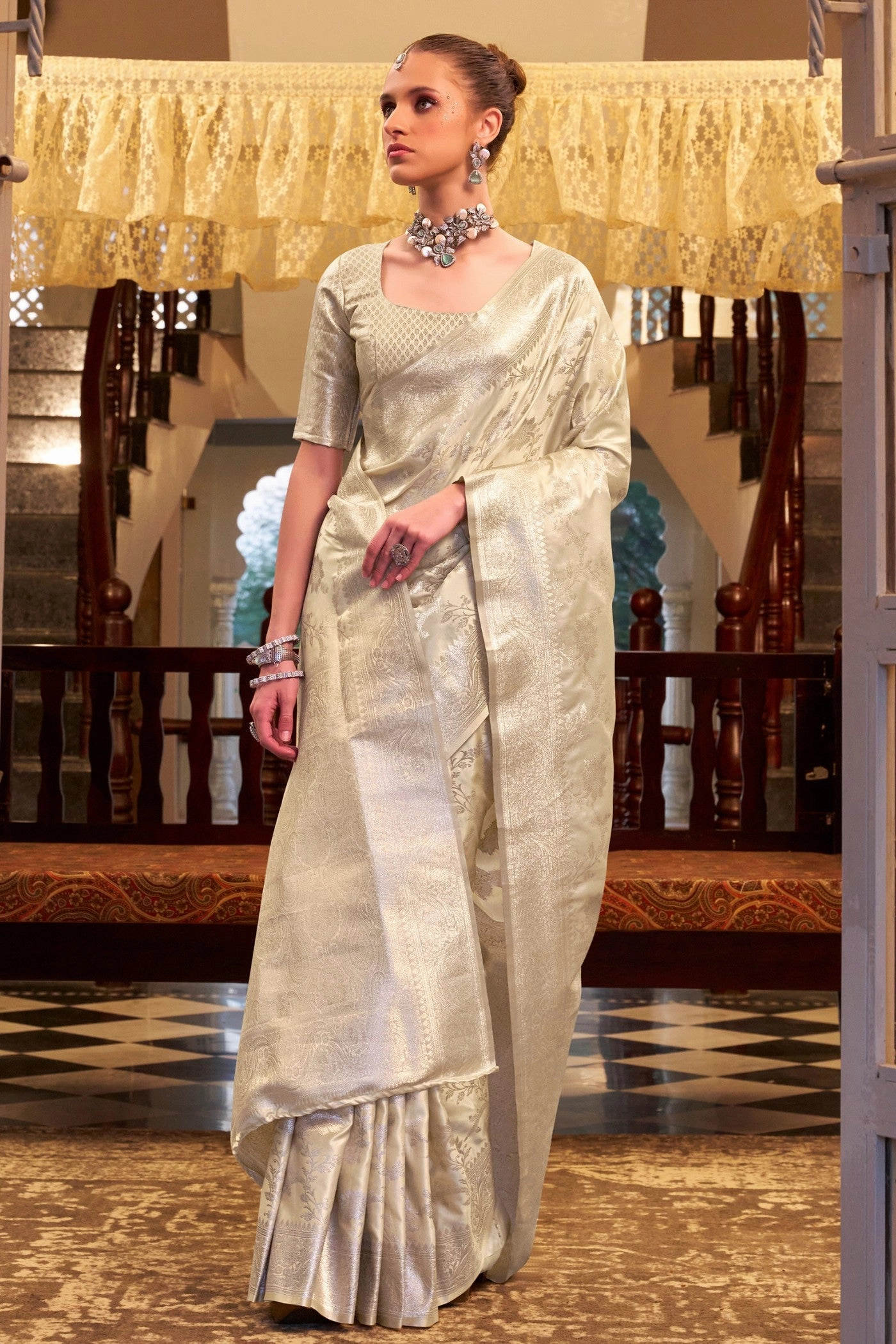 Bisque Cream Woven Banarasi Satin Soft Silk Saree