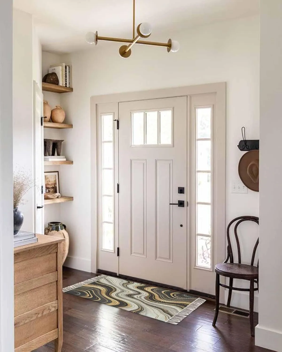 Black Golden Marble Hallway Runner Rug 2X6 Ft Kitchen Carpet, Washable Woven Throw Carpet with Tassel, Gray White Ombre Abstract Texture Non-Shedding Bedroom Laundry Rugs