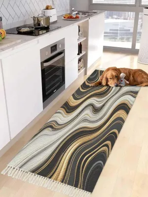 Black Golden Marble Hallway Runner Rug 2X6 Ft Kitchen Carpet, Washable Woven Throw Carpet with Tassel, Gray White Ombre Abstract Texture Non-Shedding Bedroom Laundry Rugs