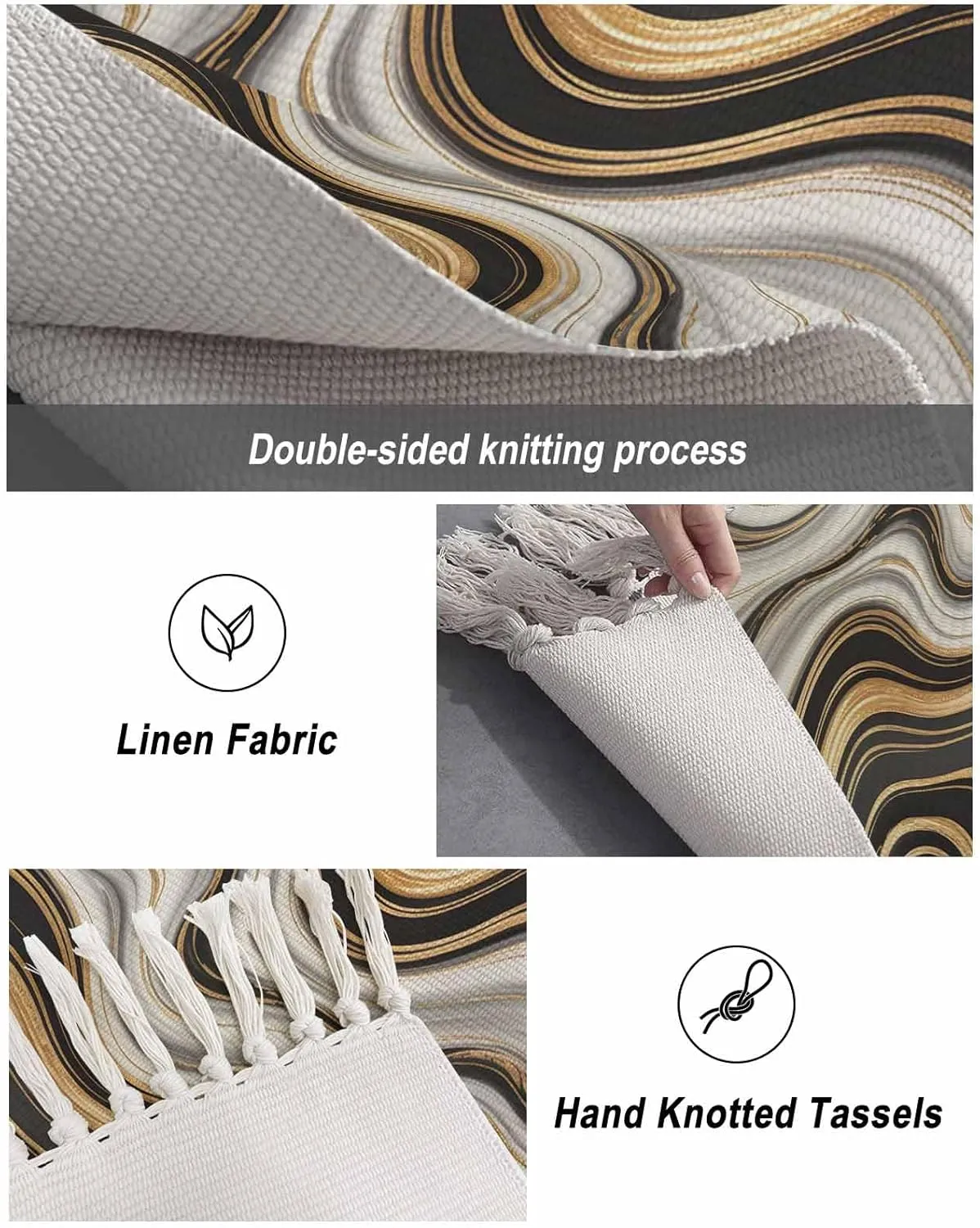 Black Golden Marble Hallway Runner Rug 2X6 Ft Kitchen Carpet, Washable Woven Throw Carpet with Tassel, Gray White Ombre Abstract Texture Non-Shedding Bedroom Laundry Rugs