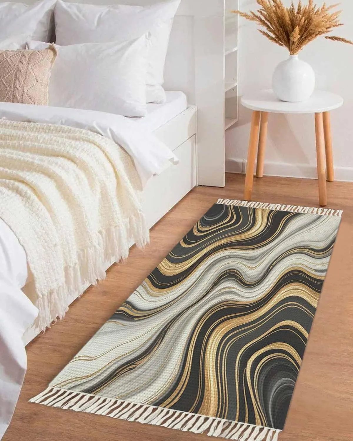 Black Golden Marble Hallway Runner Rug 2X6 Ft Kitchen Carpet, Washable Woven Throw Carpet with Tassel, Gray White Ombre Abstract Texture Non-Shedding Bedroom Laundry Rugs