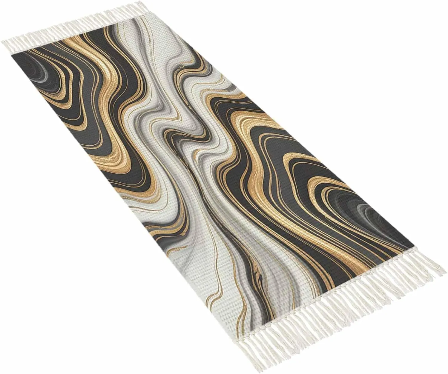 Black Golden Marble Hallway Runner Rug 2X6 Ft Kitchen Carpet, Washable Woven Throw Carpet with Tassel, Gray White Ombre Abstract Texture Non-Shedding Bedroom Laundry Rugs