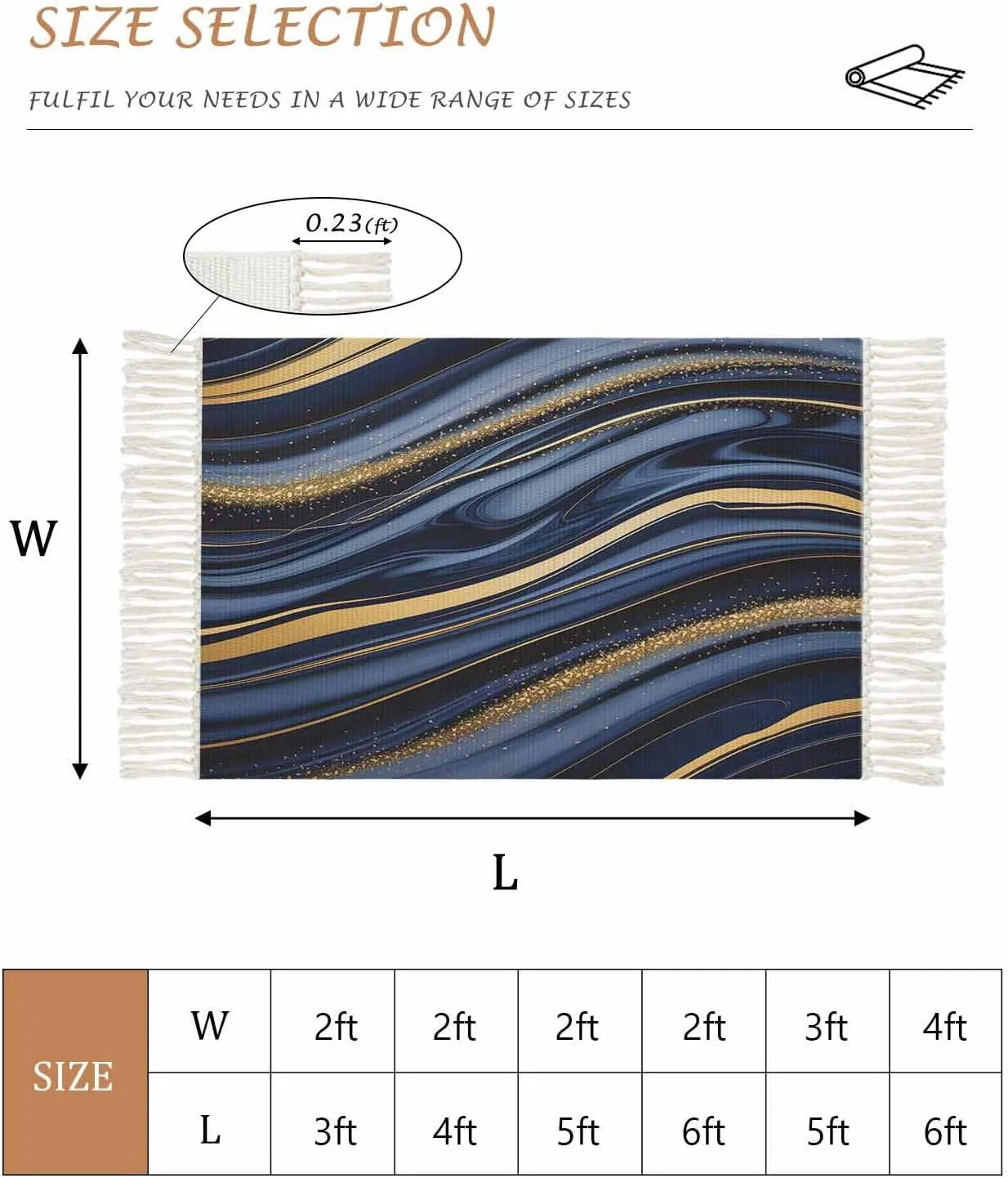 Blue Golden Marble Kitchen Hallway Runner Rug 2X5 Ft Carpet, Washable Woven Throw Carpet with Tassel, Farmhouse Modern Abstract Texture Non-Shedding Entryway Laundry Rugs