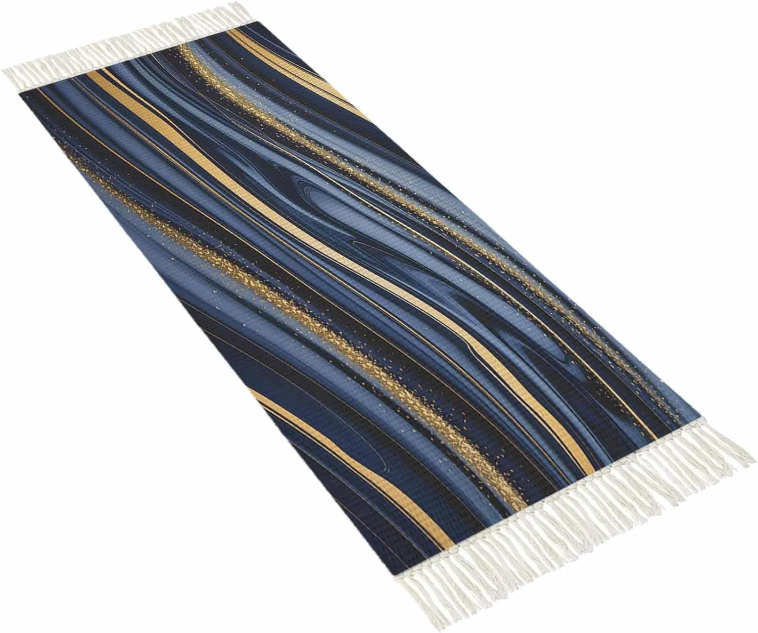 Blue Golden Marble Kitchen Hallway Runner Rug 2X5 Ft Carpet, Washable Woven Throw Carpet with Tassel, Farmhouse Modern Abstract Texture Non-Shedding Entryway Laundry Rugs