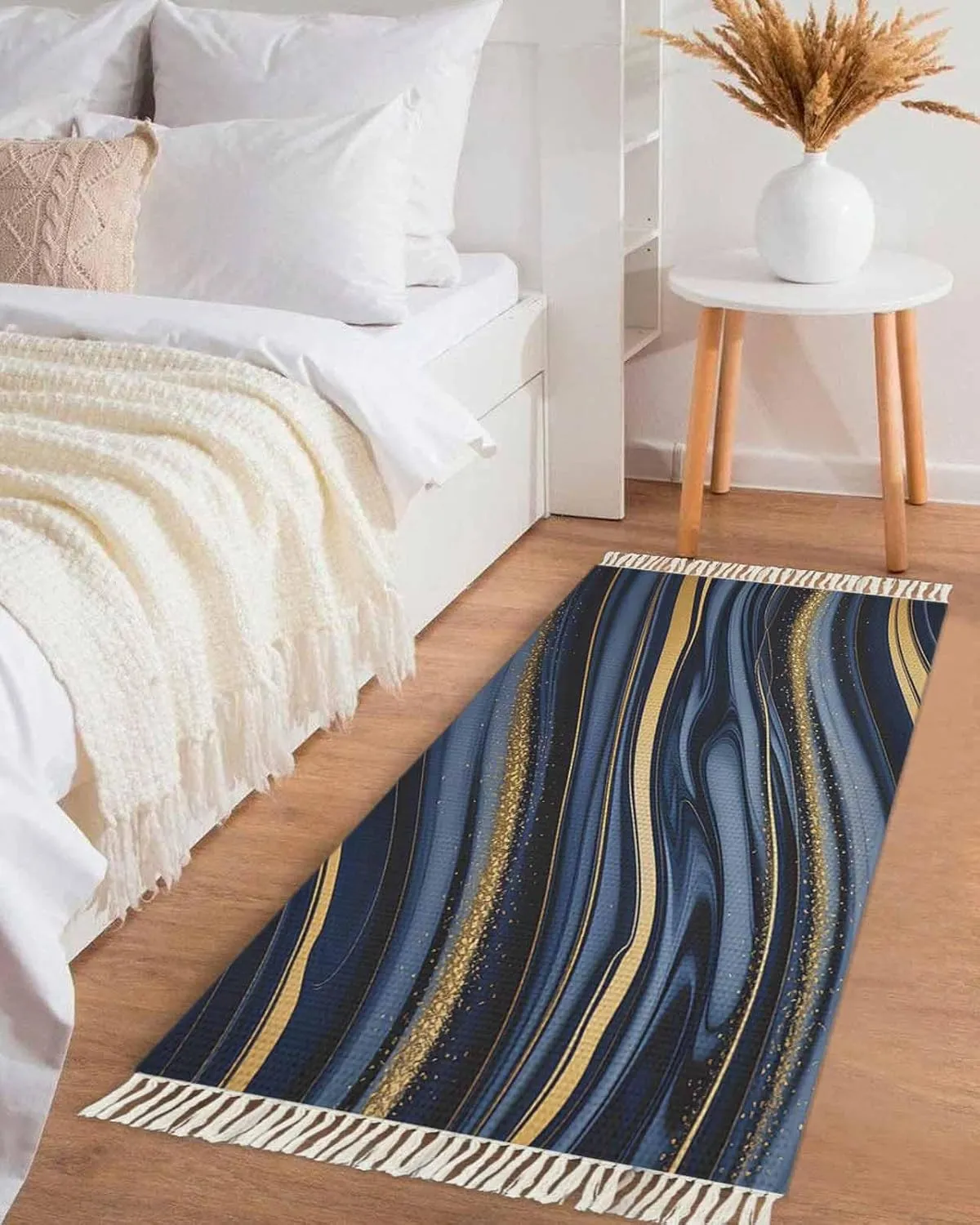 Blue Golden Marble Kitchen Hallway Runner Rug 2X5 Ft Carpet, Washable Woven Throw Carpet with Tassel, Farmhouse Modern Abstract Texture Non-Shedding Entryway Laundry Rugs