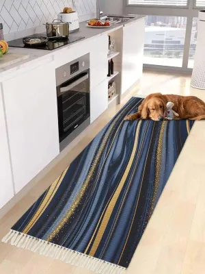 Blue Golden Marble Kitchen Hallway Runner Rug 2X5 Ft Carpet, Washable Woven Throw Carpet with Tassel, Farmhouse Modern Abstract Texture Non-Shedding Entryway Laundry Rugs