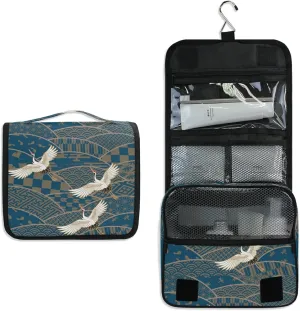 Blue Japanese Traditional Waves Two Cranes Chrysanthemum Flowers Hanging Wash Gargle Toiletry Bag Travel Cosmetic Makeup Case Organizer Storage Large Portable