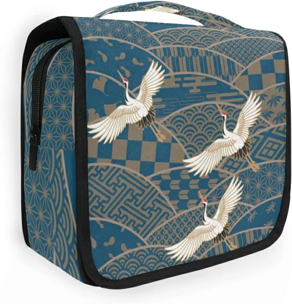 Blue Japanese Traditional Waves Two Cranes Chrysanthemum Flowers Hanging Wash Gargle Toiletry Bag Travel Cosmetic Makeup Case Organizer Storage Large Portable