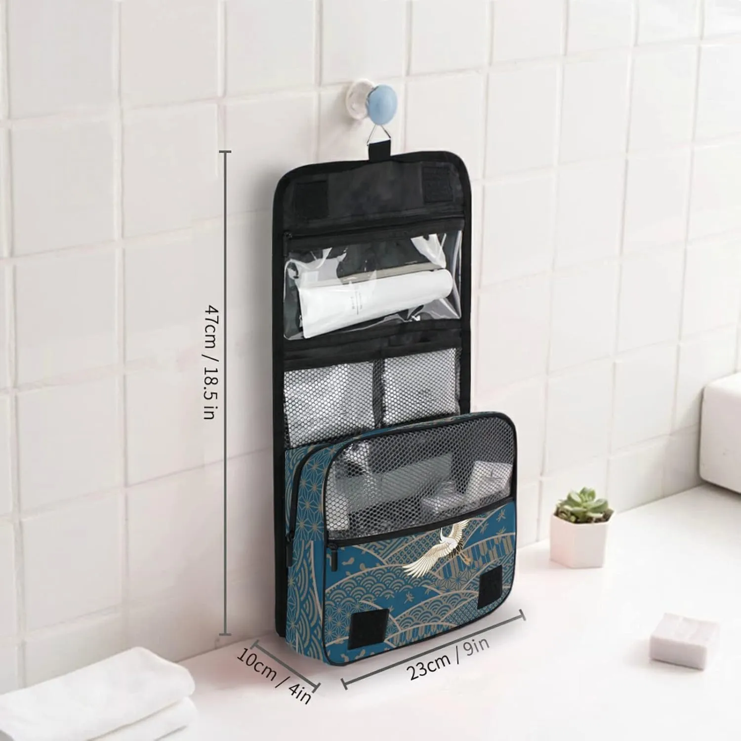 Blue Japanese Traditional Waves Two Cranes Chrysanthemum Flowers Hanging Wash Gargle Toiletry Bag Travel Cosmetic Makeup Case Organizer Storage Large Portable