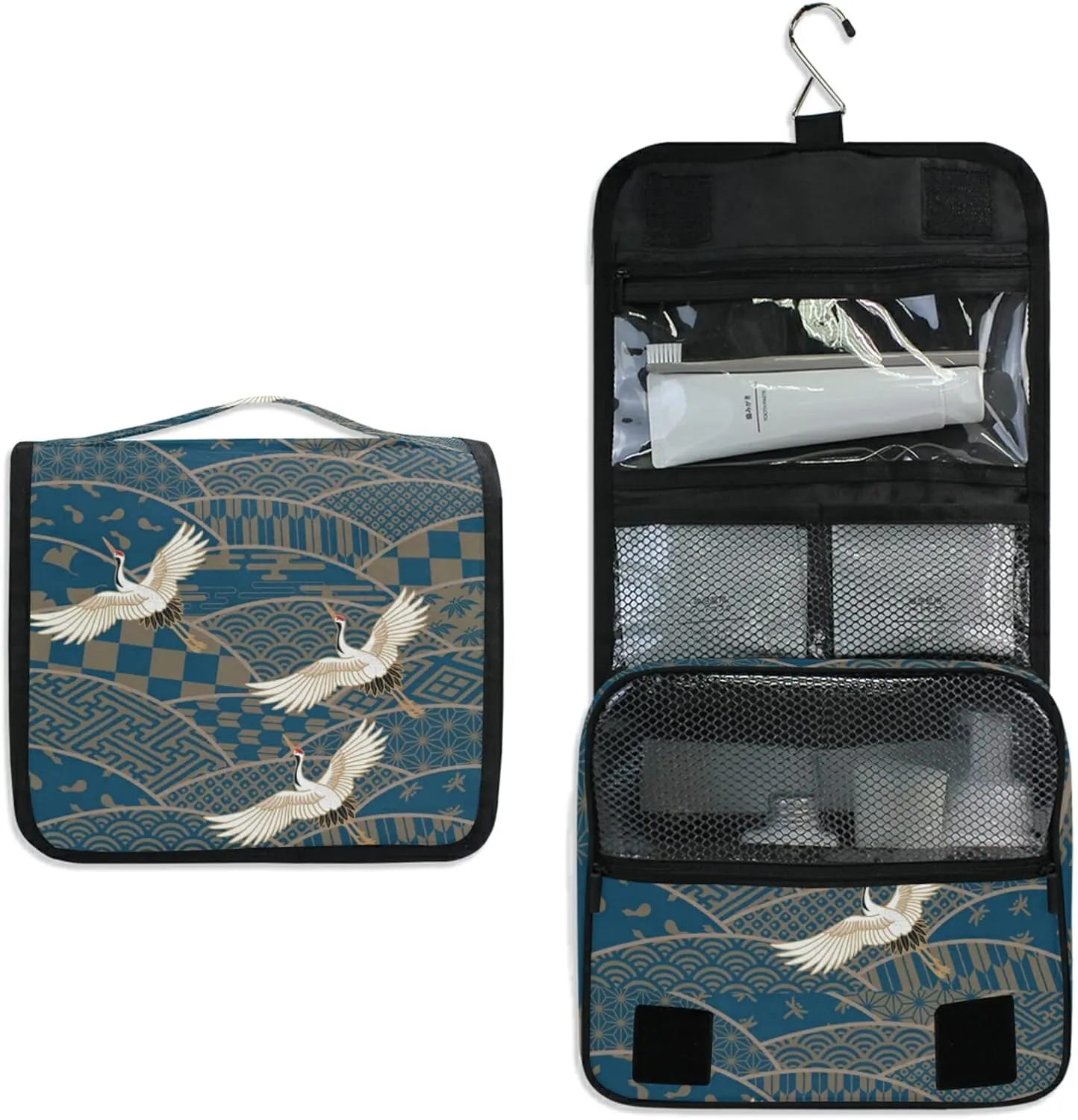 Blue Japanese Traditional Waves Two Cranes Chrysanthemum Flowers Hanging Wash Gargle Toiletry Bag Travel Cosmetic Makeup Case Organizer Storage Large Portable