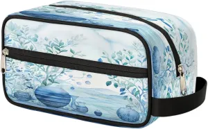Blue Leaf and Pottery Travel Toiletry Bag Wash Bag Portable Cosmetic Bag Toiletries Accessories Cosmetic Storage Bag Shower Shaving Bag Unisex Abstract Leaf Print