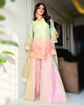 Blush Mint Zari Tissue Kurta with Sharara and Dupatta - Set of 3
