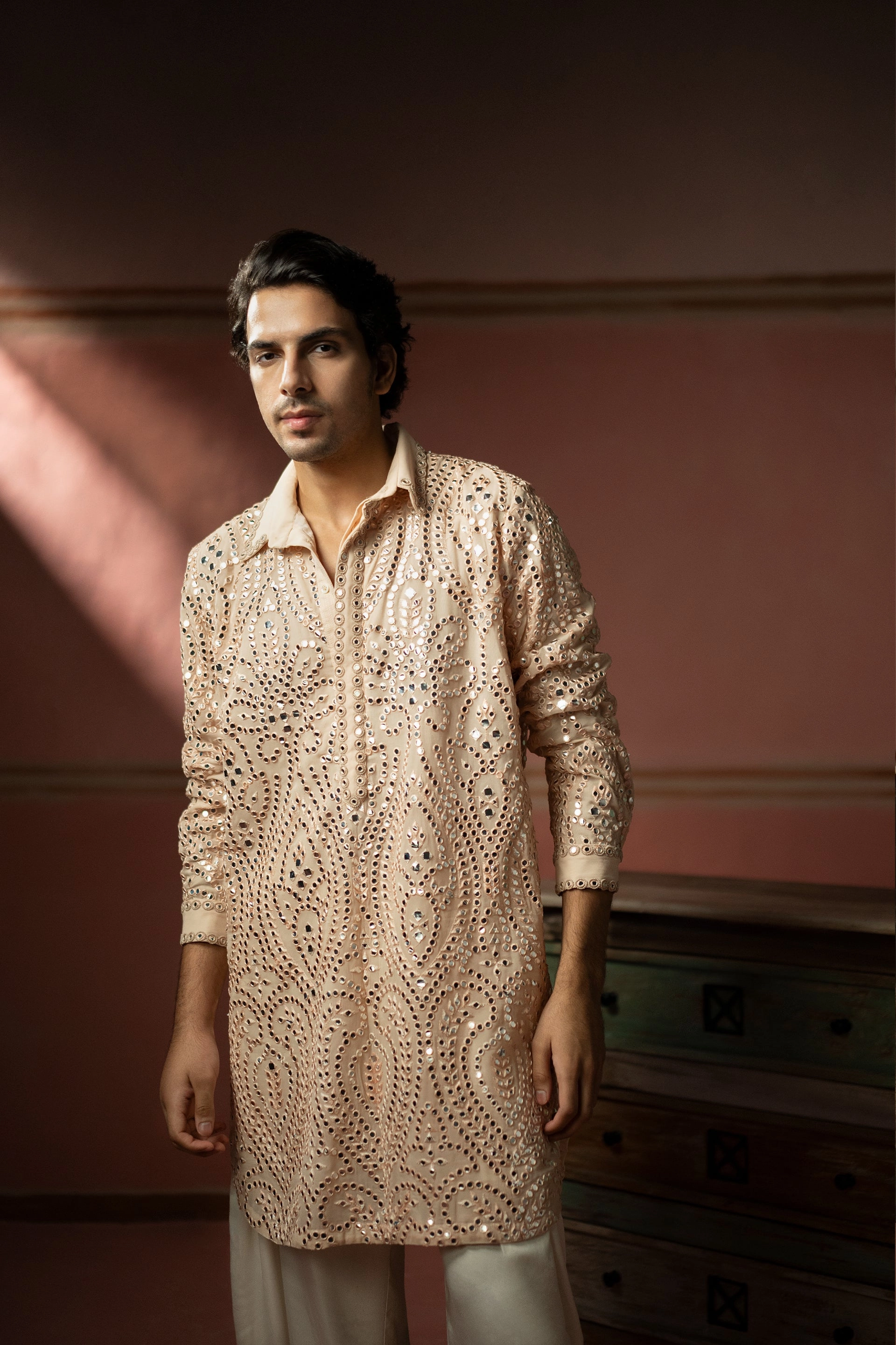Blush Peach Mirrorwork Pathan Suit
