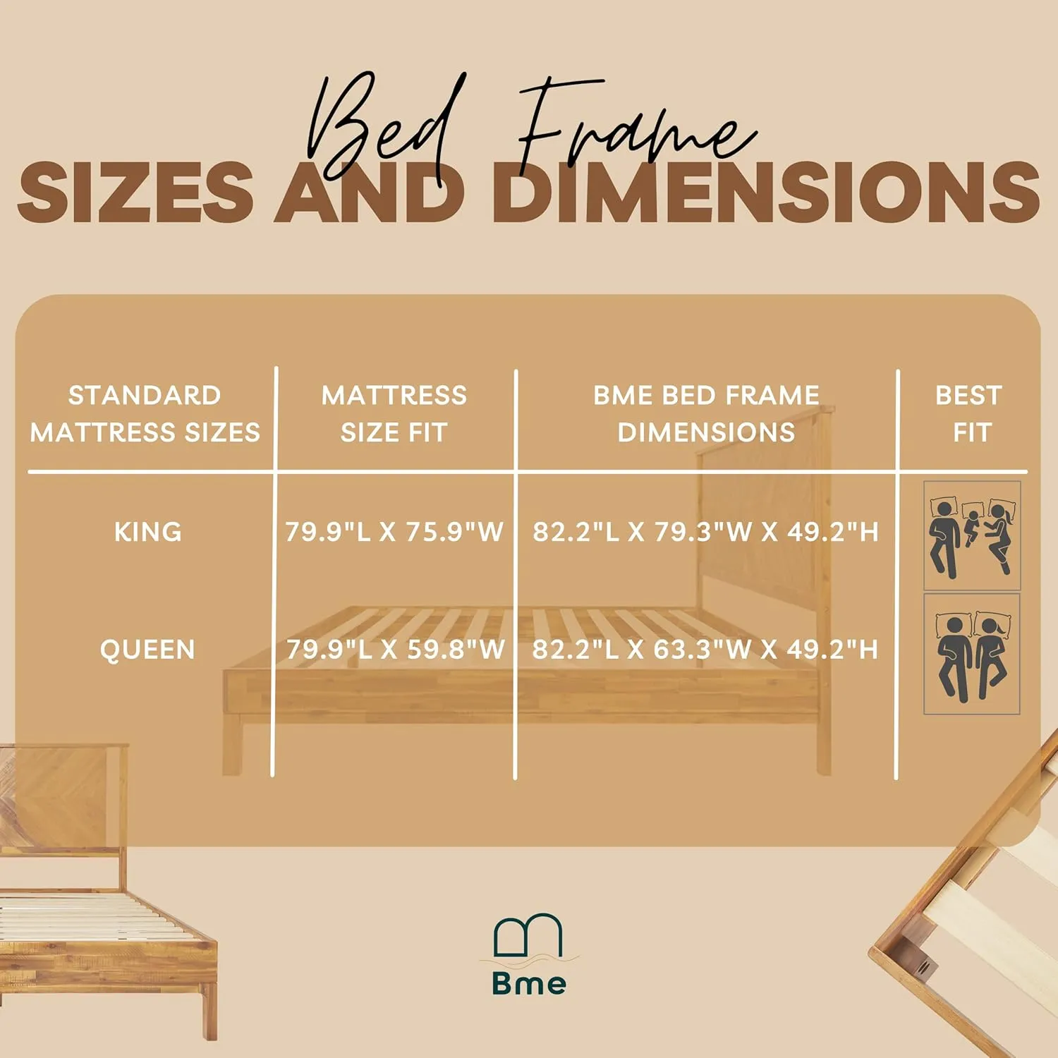 Bme Vivian 14 Inch Deluxe Bed Frame with Headboard, Rustic & Scandinavian Style with Solid Acacia Wood, No Box Spring Needed, 12 Strong Wood Slat Support, Easy Assembly, King, Rustic Golden Brown