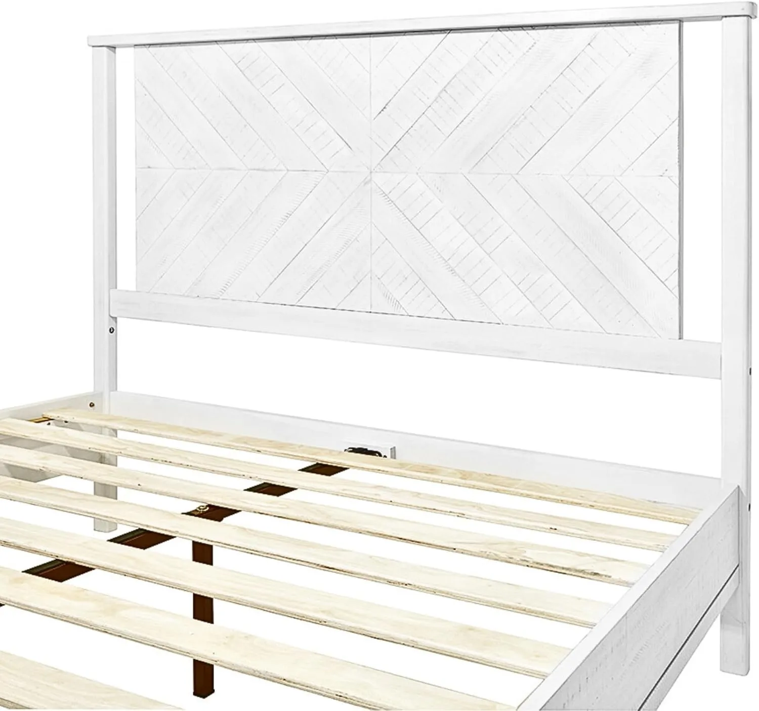 Bme Vivian 14 Inch Deluxe Bed Frame with Headboard, Rustic & Scandinavian Style with Solid Acacia Wood, No Box Spring Needed, 12 Strong Wood Slat Support, Easy Assembly, King, Rustic White