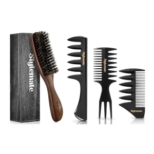 Boar Bristle Hair Brush & 3-Piece Men's Hair Styling Comb Set, Stiff Bristles Hair Brush Beard Brush for Smoothing and Styling, Barber Wide Tooth Texture Comb For Quiff, Pompadour, Slicked-back, Fauxh