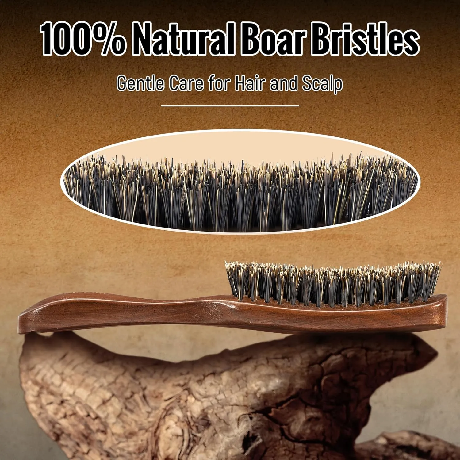 Boar Bristle Hair Brush for Men, Mens Slick Back Hair Brush with Stiff Bristles & Wooden Walnut Handle for Thick & Fine Hair Smoothing, Detangling, Styling, Beard Straightens