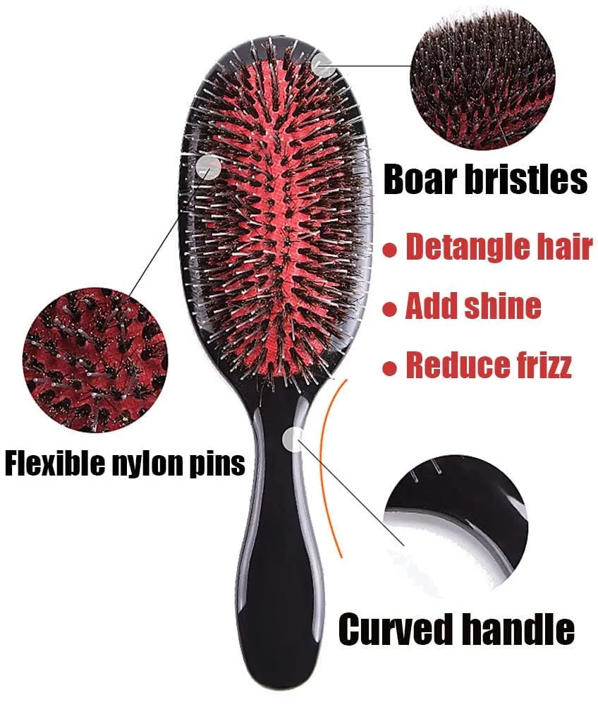 Boar Bristle Hair Brush Paddle Detangling Brush for Curly Fine Wavy Natural Tangled Hair, Anti-frizz Styling Hairbrush Comb for Women and Men, Boar Nylon Bristle Cushioned Brush
