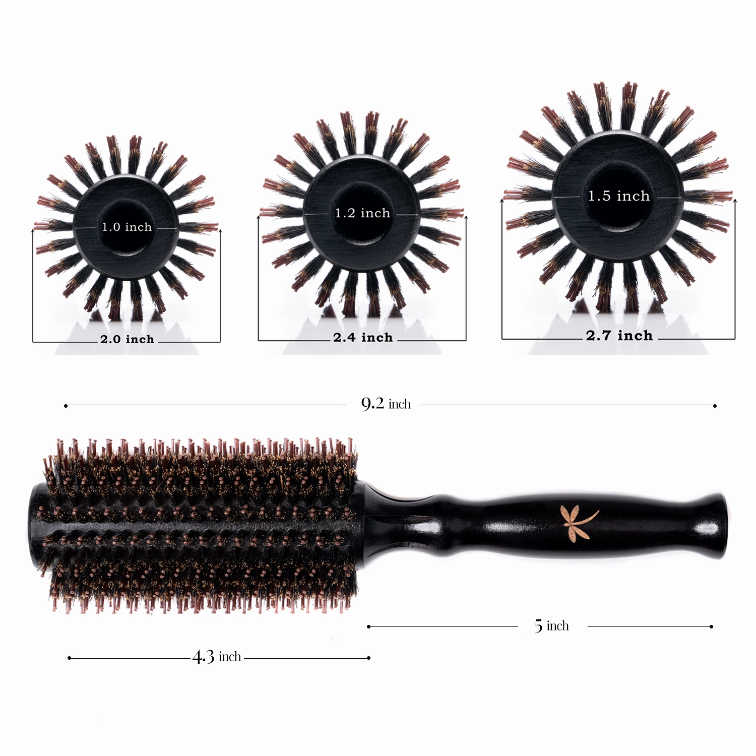 Boar Bristle Round Hairbrush for Blow Drying Set with Small 2" Wooden Barrel