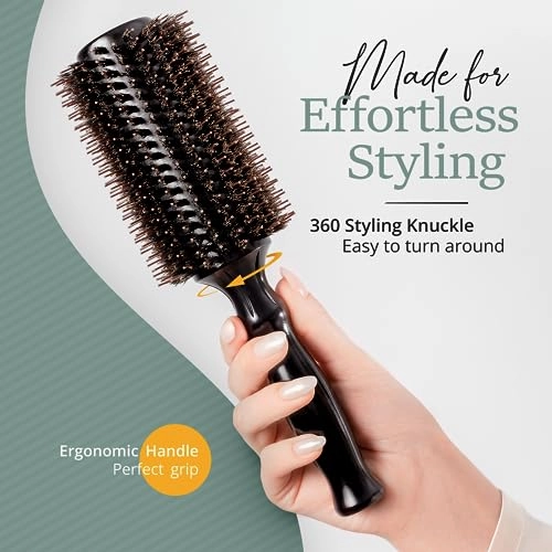 Boar Bristle Round Hairbrush for Blow Drying Set with Small 2" Wooden Barrel