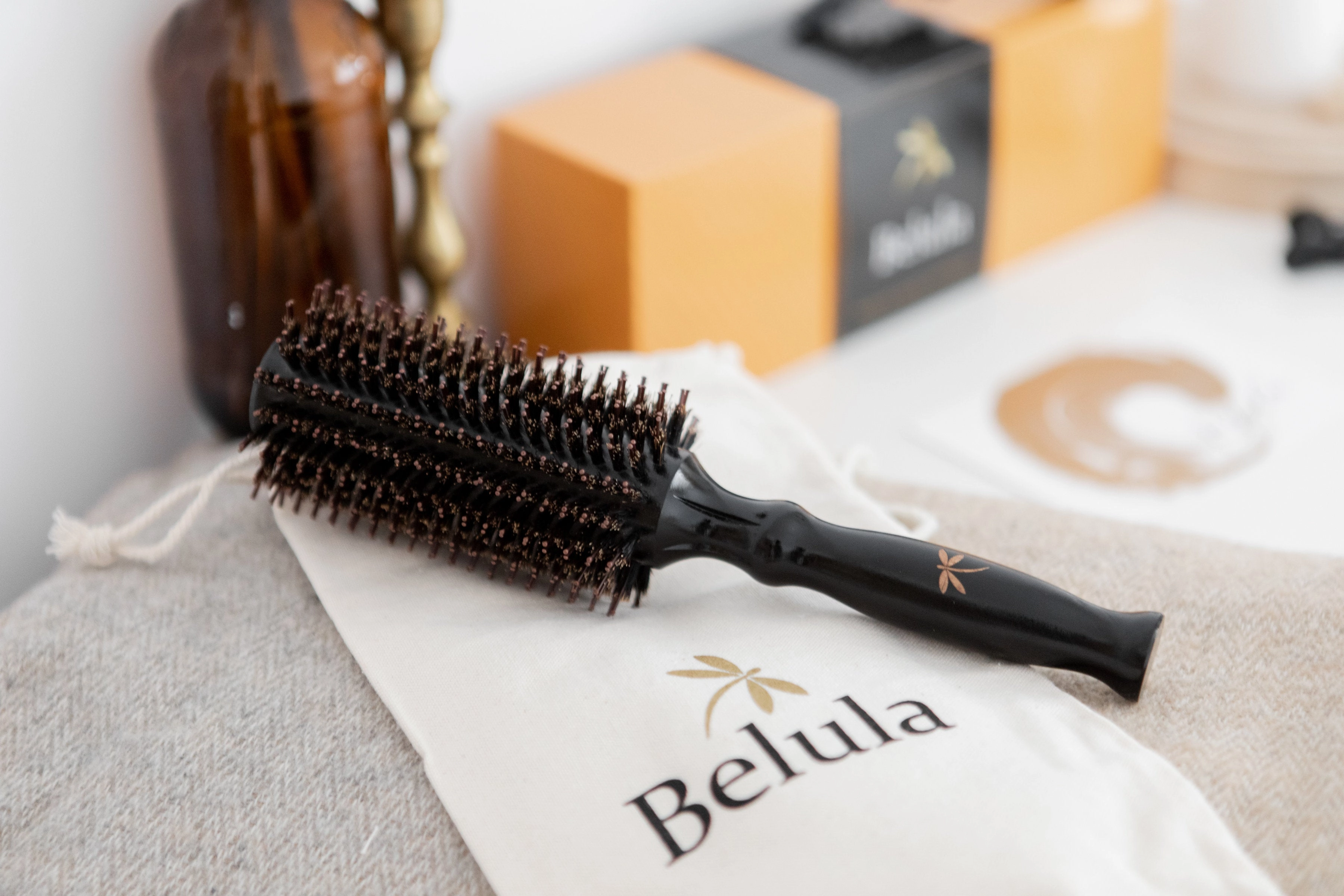 Boar Bristle Round Hairbrush for Blow Drying Set with Small 2" Wooden Barrel
