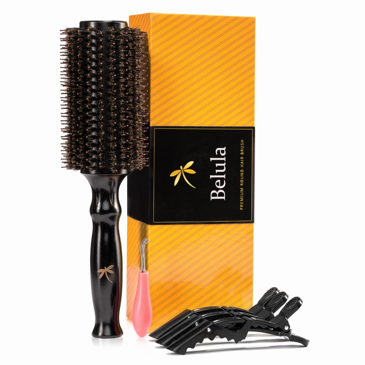 Boar Bristle Round Hairbrush for Blow Drying Set with Small 2" Wooden Barrel