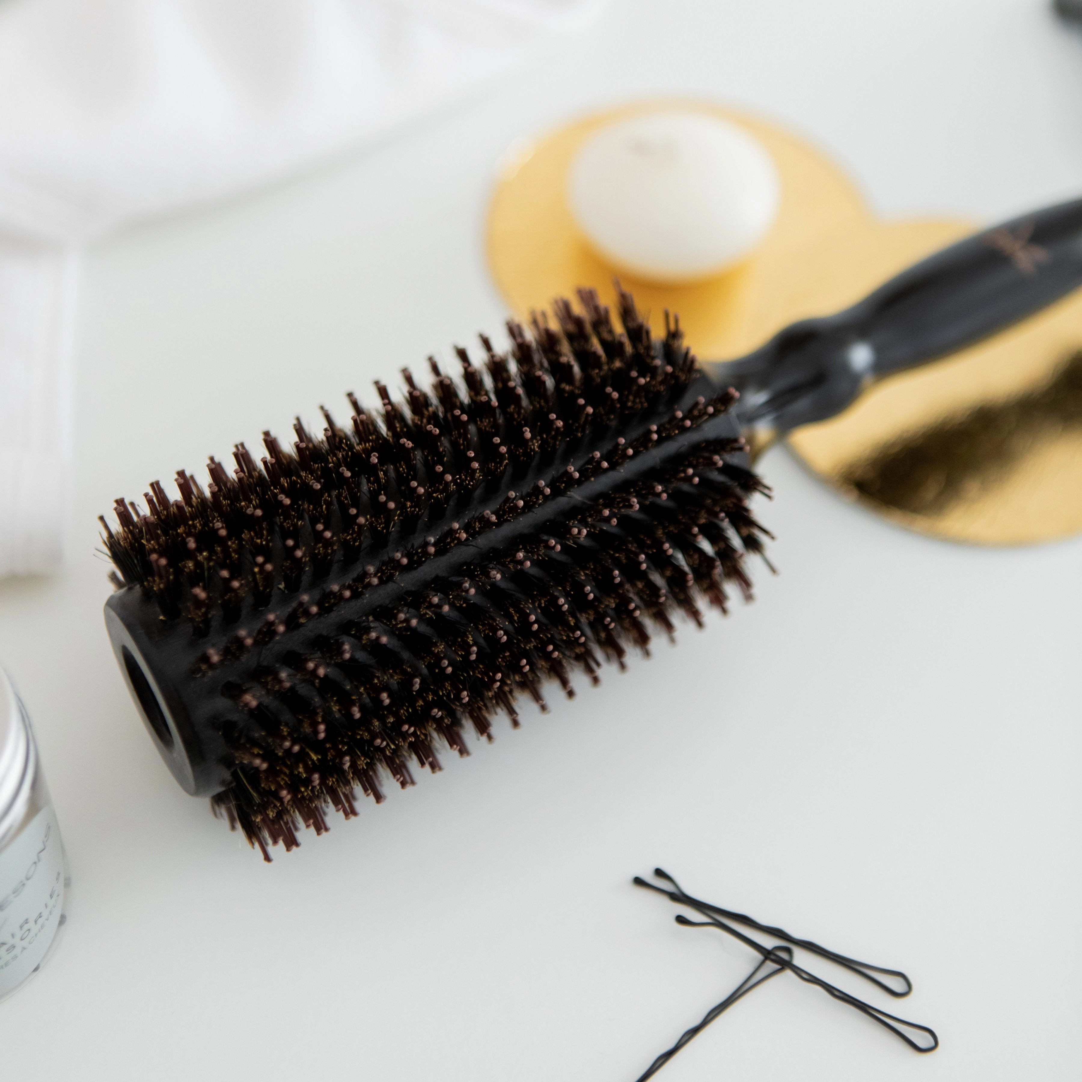 Boar Bristle Round Hairbrush for Blow Drying Set with Small 2" Wooden Barrel