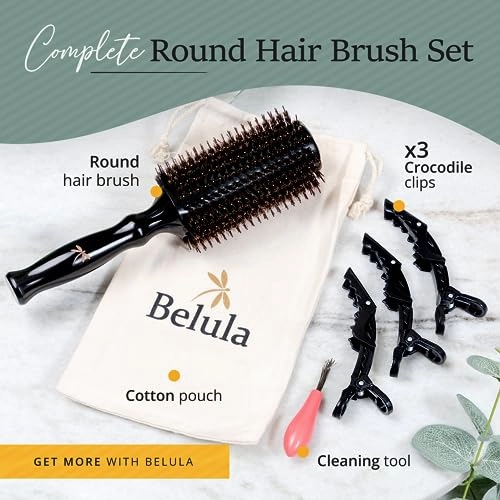 Boar Bristle Round Hairbrush for Blow Drying Set with Small 2" Wooden Barrel