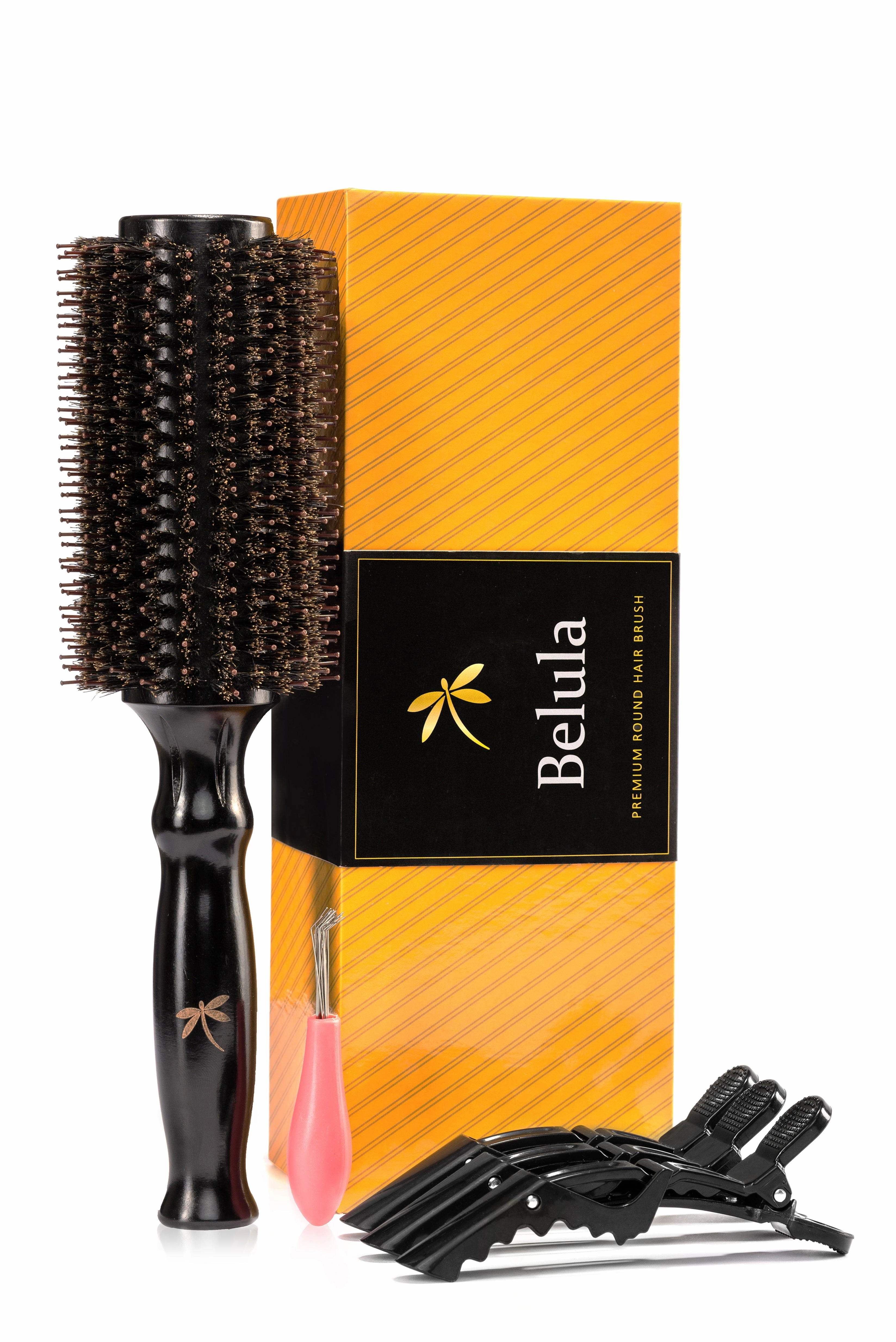 Boar Bristle Round Hairbrush for Blow Drying Set with Small 2" Wooden Barrel