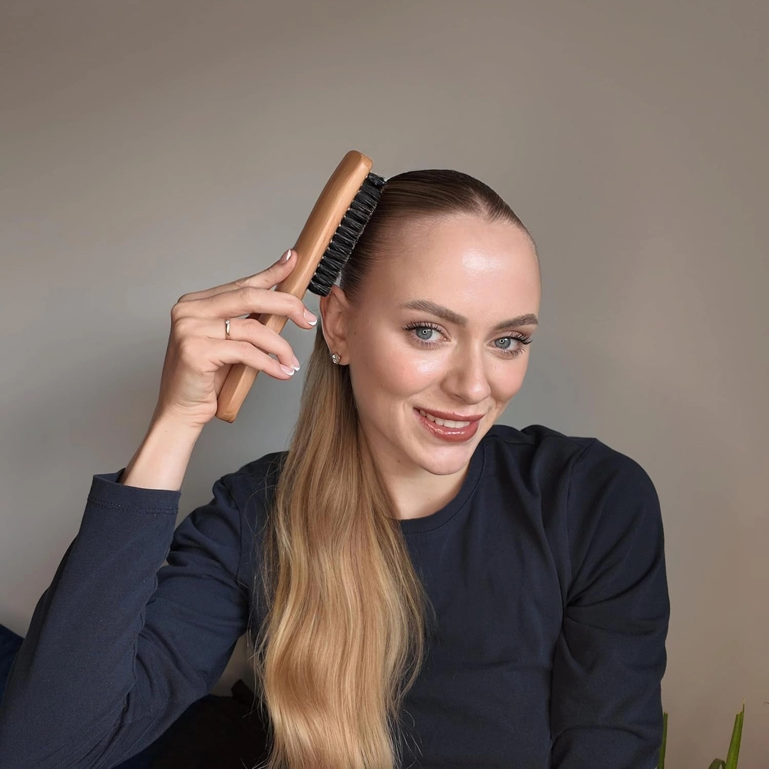 Boar Bristle Slick Back Hair Brush - Soft/Medium Smoothing Hairbrush to Style, Polish, & Lay Hair down Flat to Create a Sleek Frizz Free Hairstyle for Women and Men - Wooden Handle