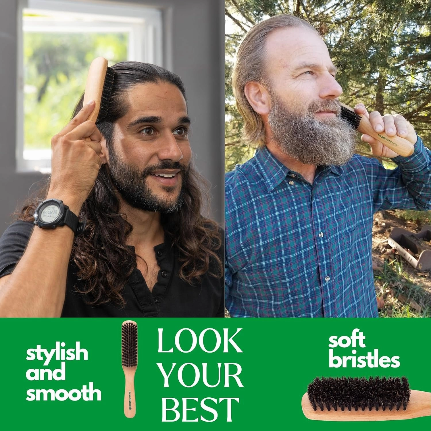 Boar Bristle Slick Back Hair Brush - Soft/Medium Smoothing Hairbrush to Style, Polish, & Lay Hair down Flat to Create a Sleek Frizz Free Hairstyle for Women and Men - Wooden Handle