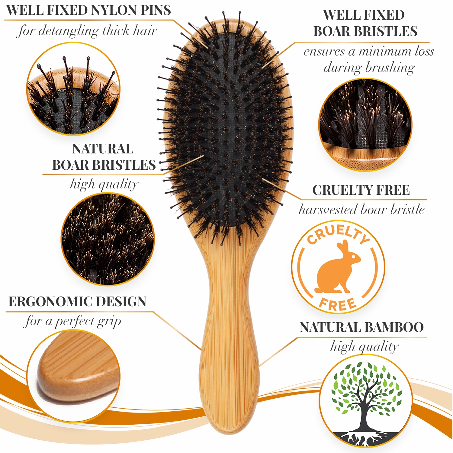 Boar Bristle Styling Men's Hairbrush with Nylon Pins