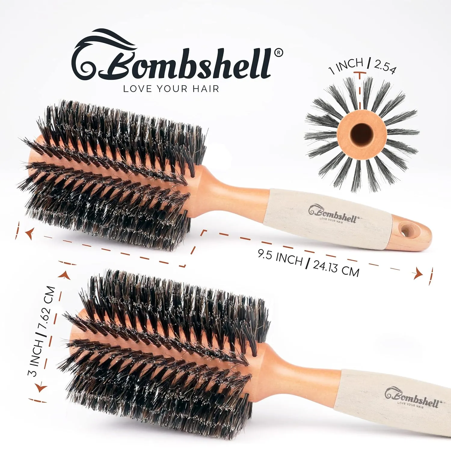 Bombshell Boar Bristle Round Brush — Sustainable Styling Brush with Natural Wood Handle for Blow Outs and Curling