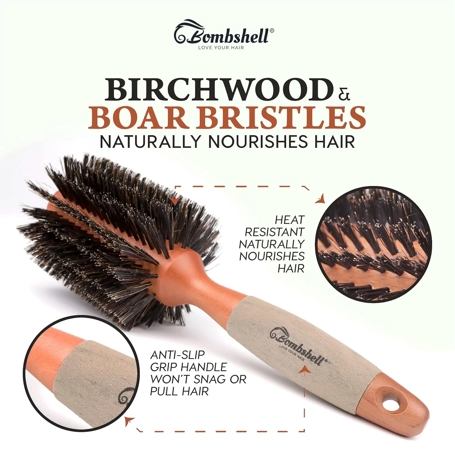 Bombshell Boar Bristle Round Brush — Sustainable Styling Brush with Natural Wood Handle for Blow Outs and Curling