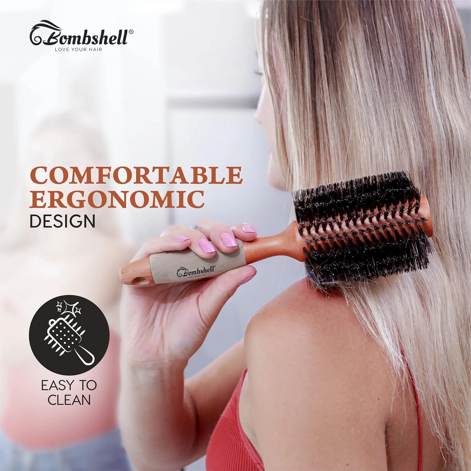 Bombshell Boar Bristle Round Brush — Sustainable Styling Brush with Natural Wood Handle for Blow Outs and Curling