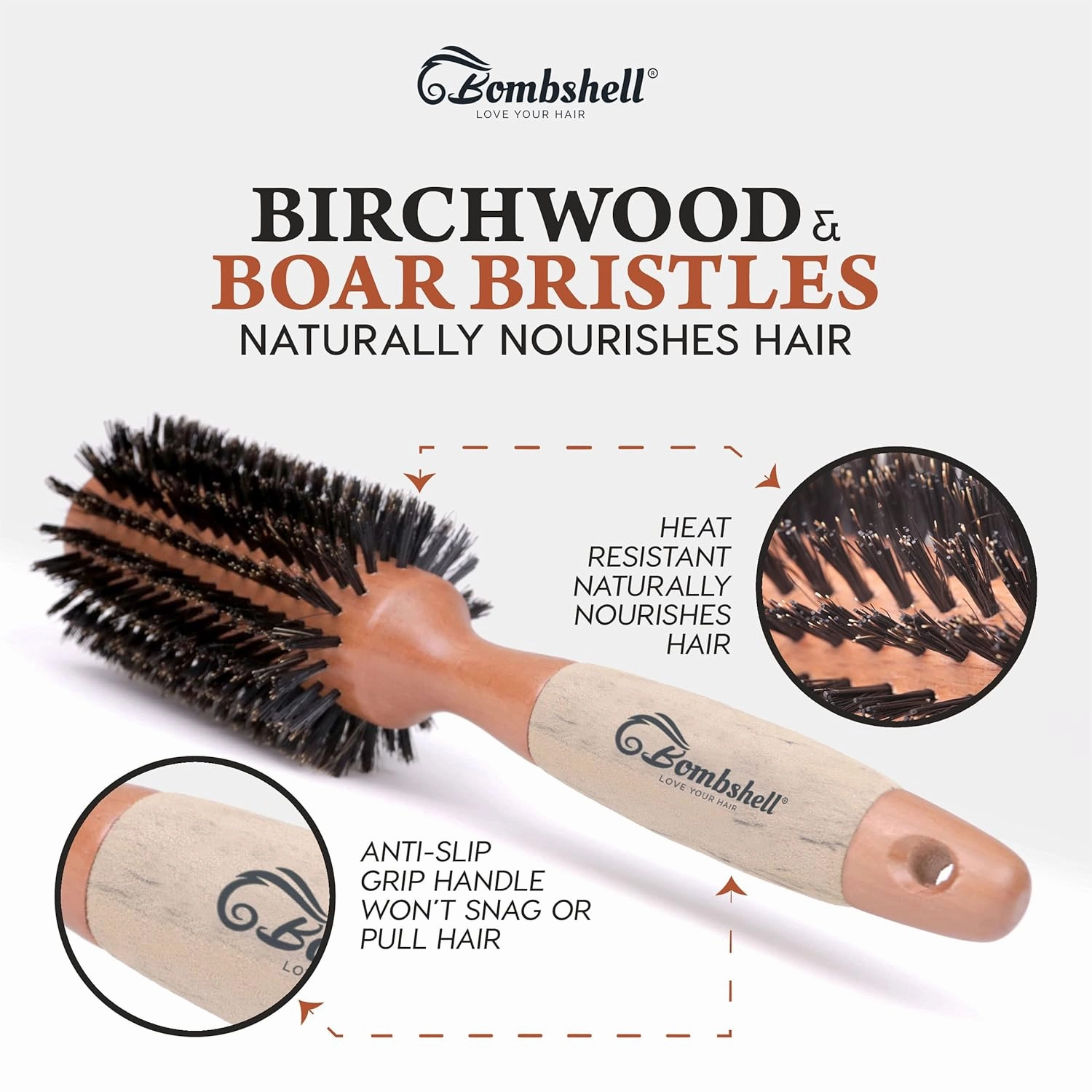 Bombshell Boar Bristle Brush - Sustainable Natural Birch Handle for Styling, Blow Out, and Curling (2.5 inch)