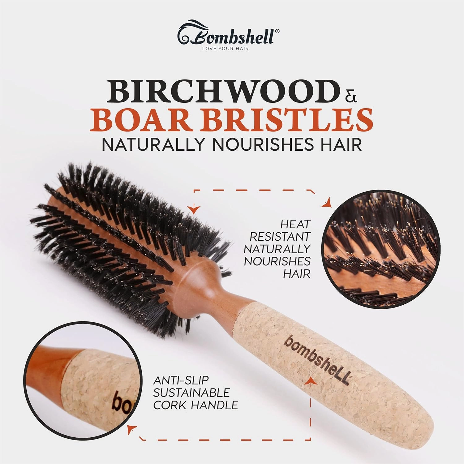 Bombshell Sustainable Round Hair Brush — Birchwood and Cork Handle Hairbrush with Boar Bristles, Ergonomic Boar Bristle for Blow Drying, Curling, and Styling 2.5"