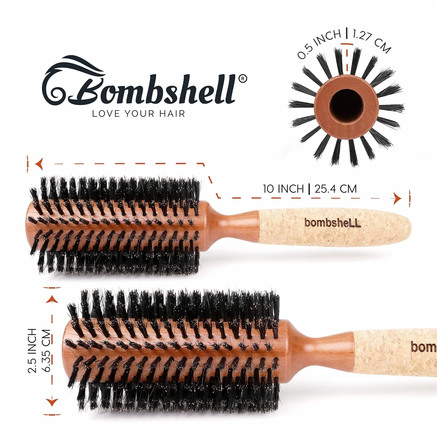 Bombshell Sustainable Round Hair Brush — Birchwood and Cork Handle Hairbrush with Boar Bristles, Ergonomic Boar Bristle for Blow Drying, Curling, and Styling 2.5"