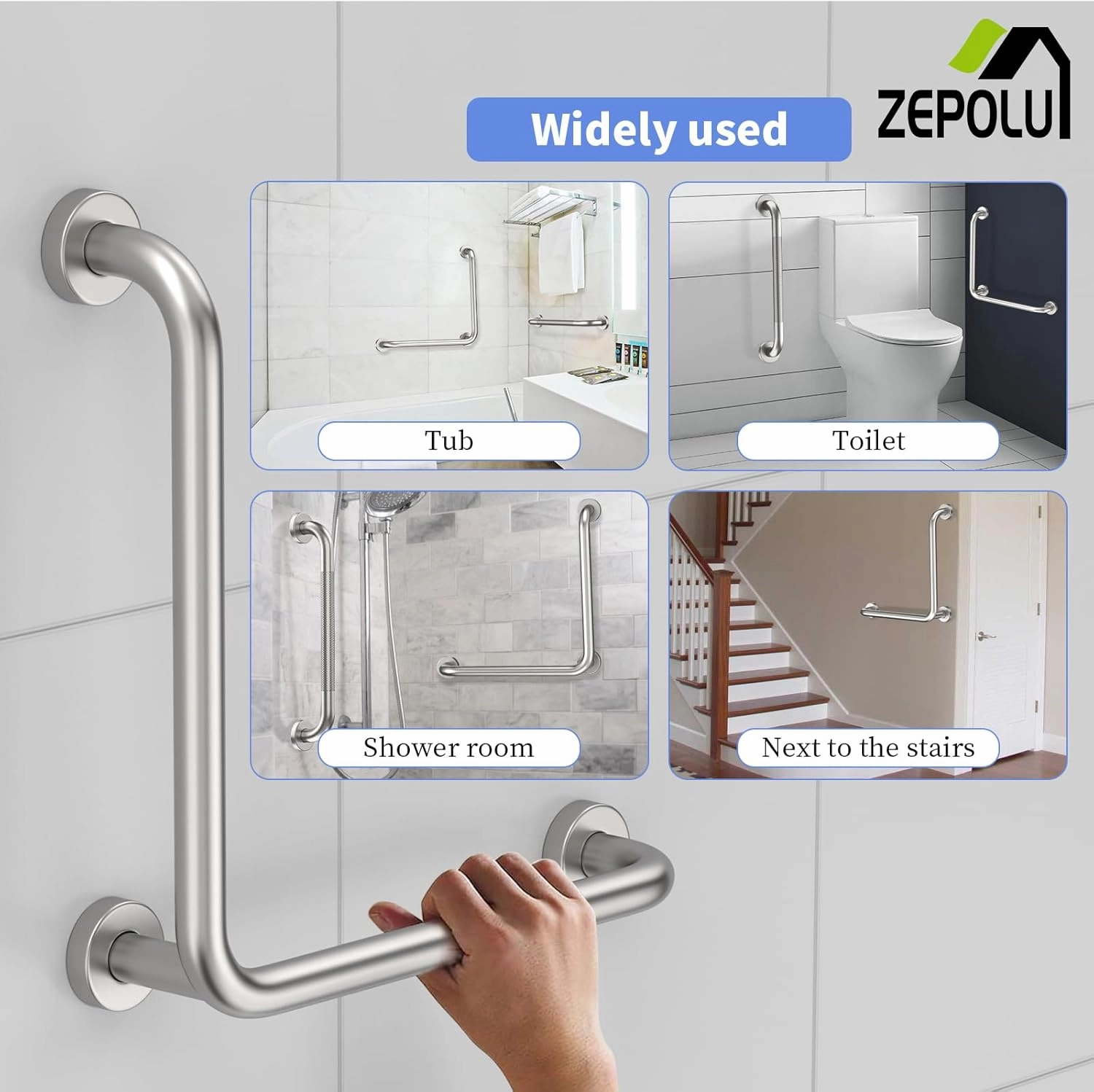 Brushed Nickel Angled Grab Bar 16 Inch, Zepolu Stainless Steel L-Shaped Safety Grab Rail, Bathroom Mobility Aid Handrail, Wall Mounted Balance Support Assist Shower Handle for Senior Elderly Handicap
