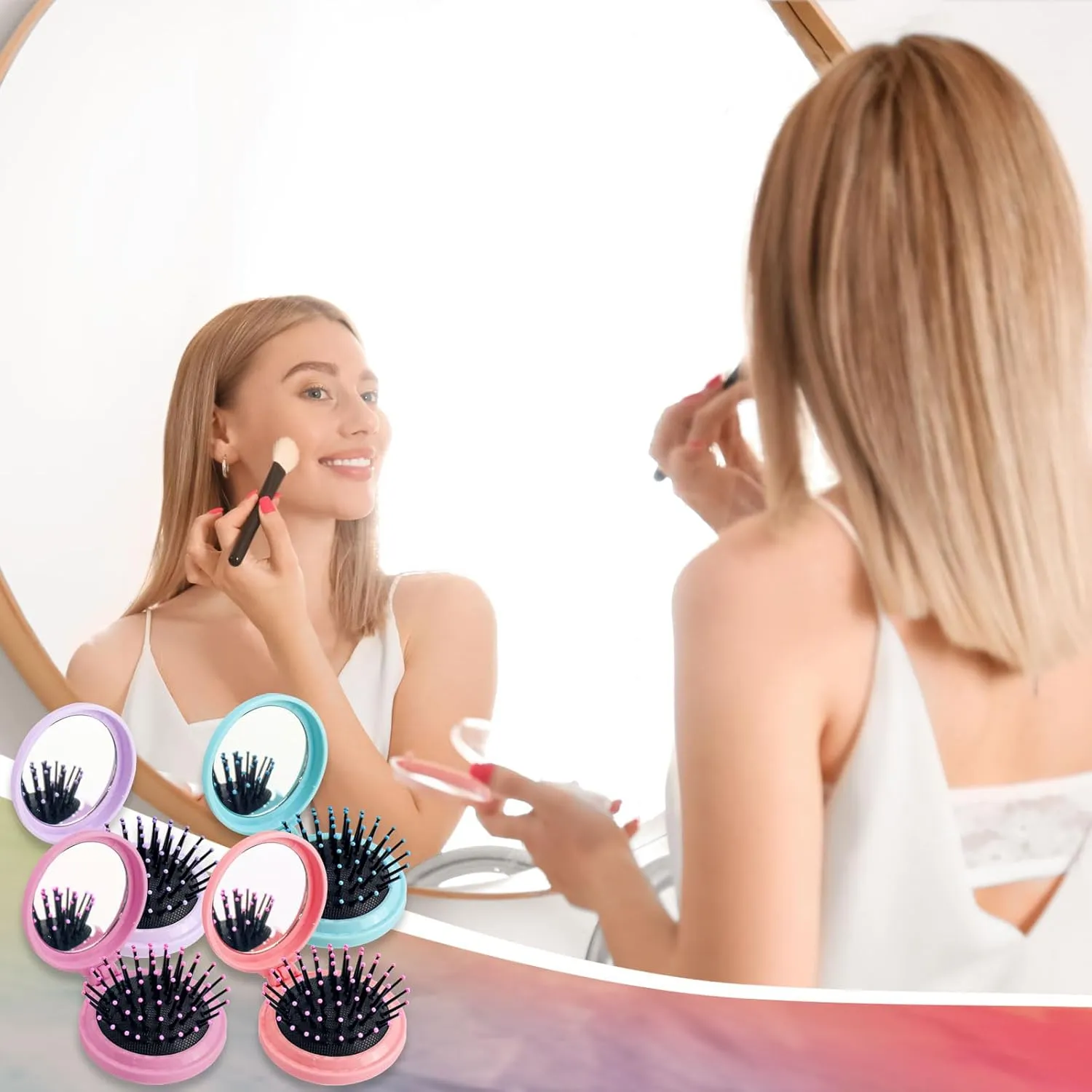 Bulk Mirror Hair Brushes, 4 Colors Diy Mini Round Folding Pocket Hair Brush Portable,Travel Hairbrush Wet And Dry Hair For Women Girls Kids Hair Brush (Count 48)