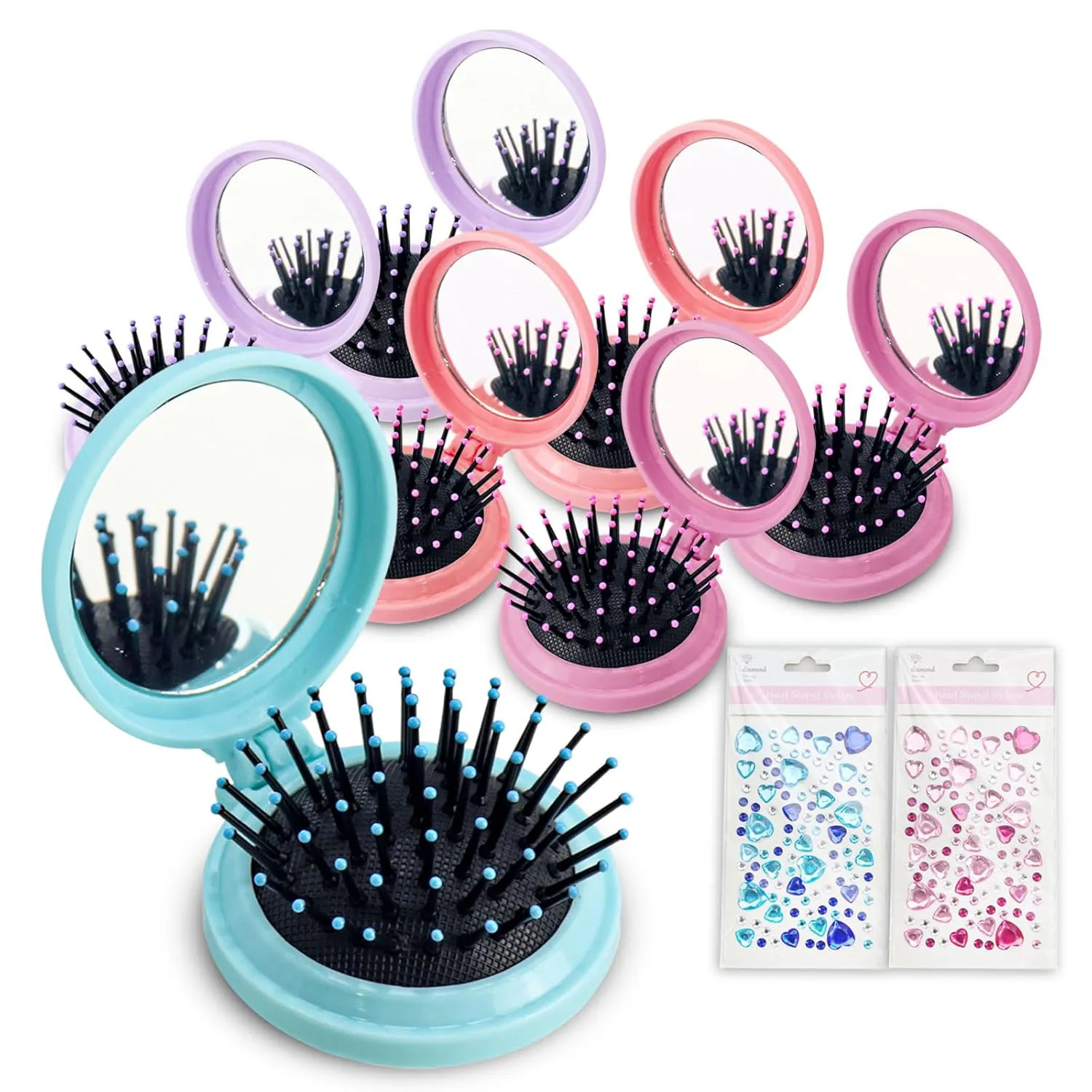 Bulk Mirror Hair Brushes, 4 Colors Diy Mini Round Folding Pocket Hair Brush Portable,Travel Hairbrush Wet And Dry Hair For Women Girls Kids Hair Brush (Count 48)