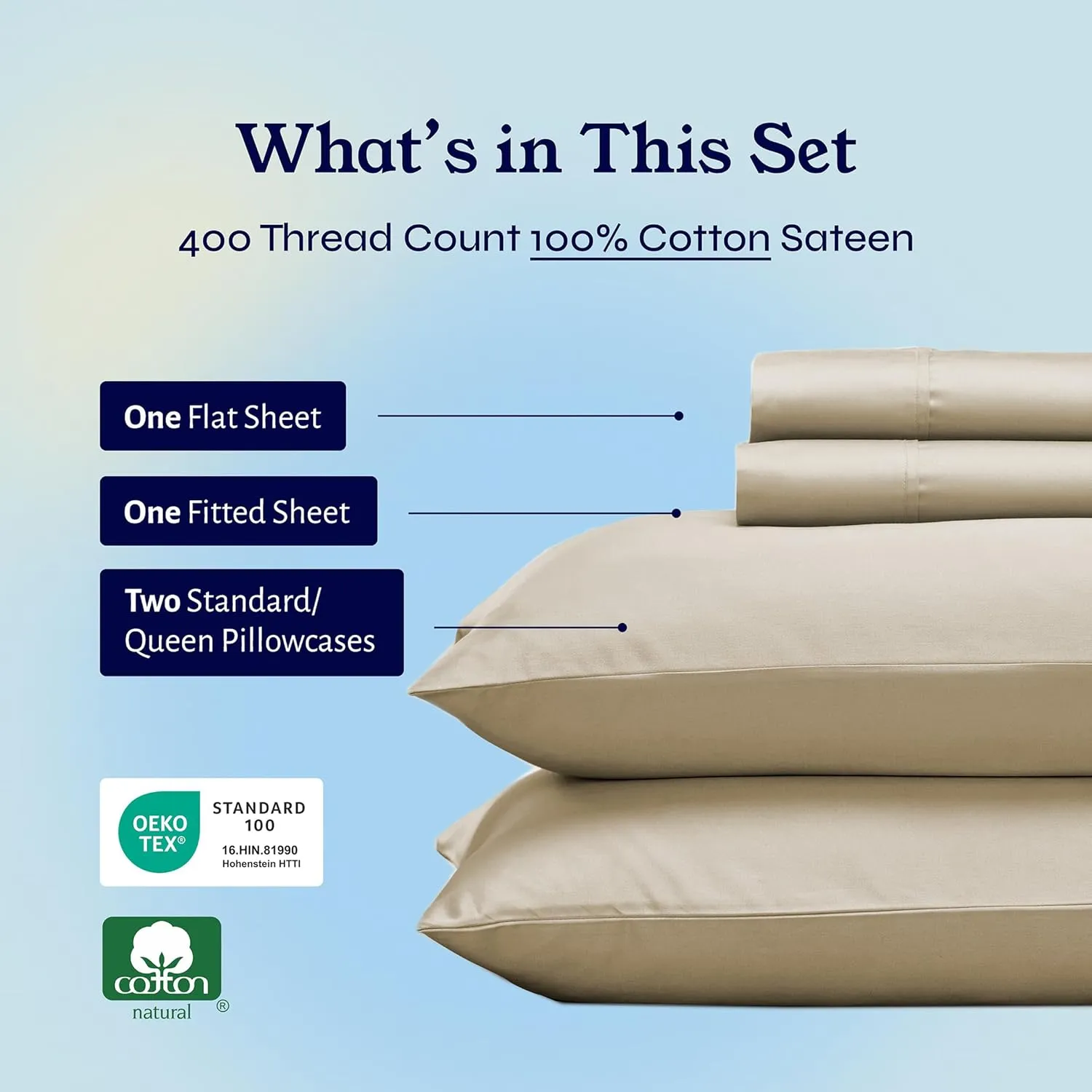 California Design Den Queen Sheet Set - Soft 400 Thread Count Sateen, Natural 100% Cotton Sheets with Deep Pockets, Cooling and Durable Bedding Set - Beige