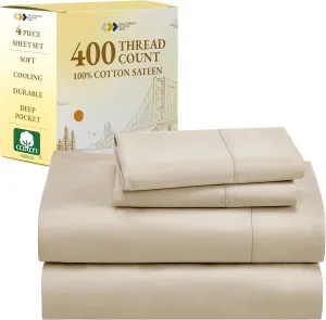 California Design Den Queen Sheet Set - Soft 400 Thread Count Sateen, Natural 100% Cotton Sheets with Deep Pockets, Cooling and Durable Bedding Set - Beige