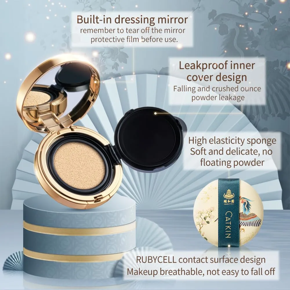 Catkin Phoenix Cushion Foundation Buildable Coverage Anti-Aging Serum Makeup, Sheer Satin Finish, Refill Included, Light Beige 0.46 Oz x 2, C02 Light Beige