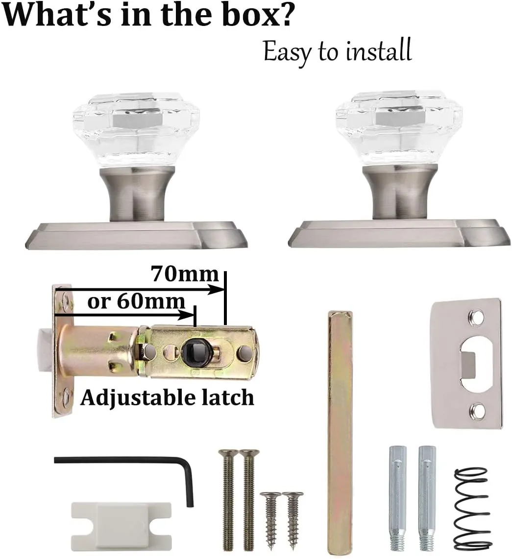 Clear Octagon Crystal Glass Door Knob Kit,Keyless Passage Handle for Hallway Closet Pantry,Satin Nickel Arched Rosette,1Pack
