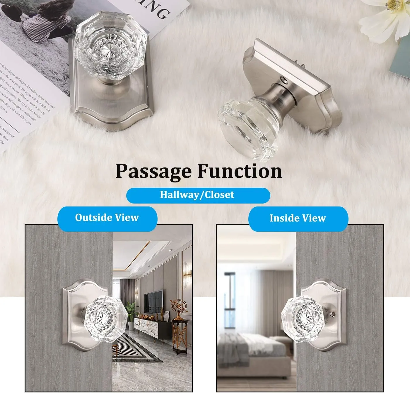 Clear Octagon Crystal Glass Door Knob Kit,Keyless Passage Handle for Hallway Closet Pantry,Satin Nickel Arched Rosette,1Pack