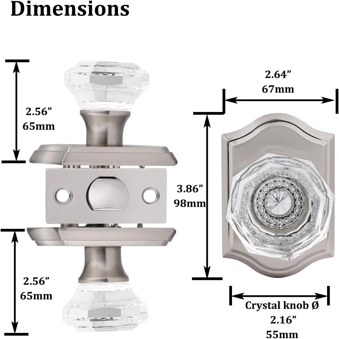Clear Octagon Crystal Glass Door Knob Kit,Keyless Passage Handle for Hallway Closet Pantry,Satin Nickel Arched Rosette,1Pack