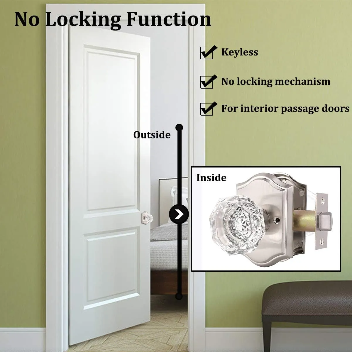 Clear Octagon Crystal Glass Door Knob Kit,Keyless Passage Handle for Hallway Closet Pantry,Satin Nickel Arched Rosette,1Pack
