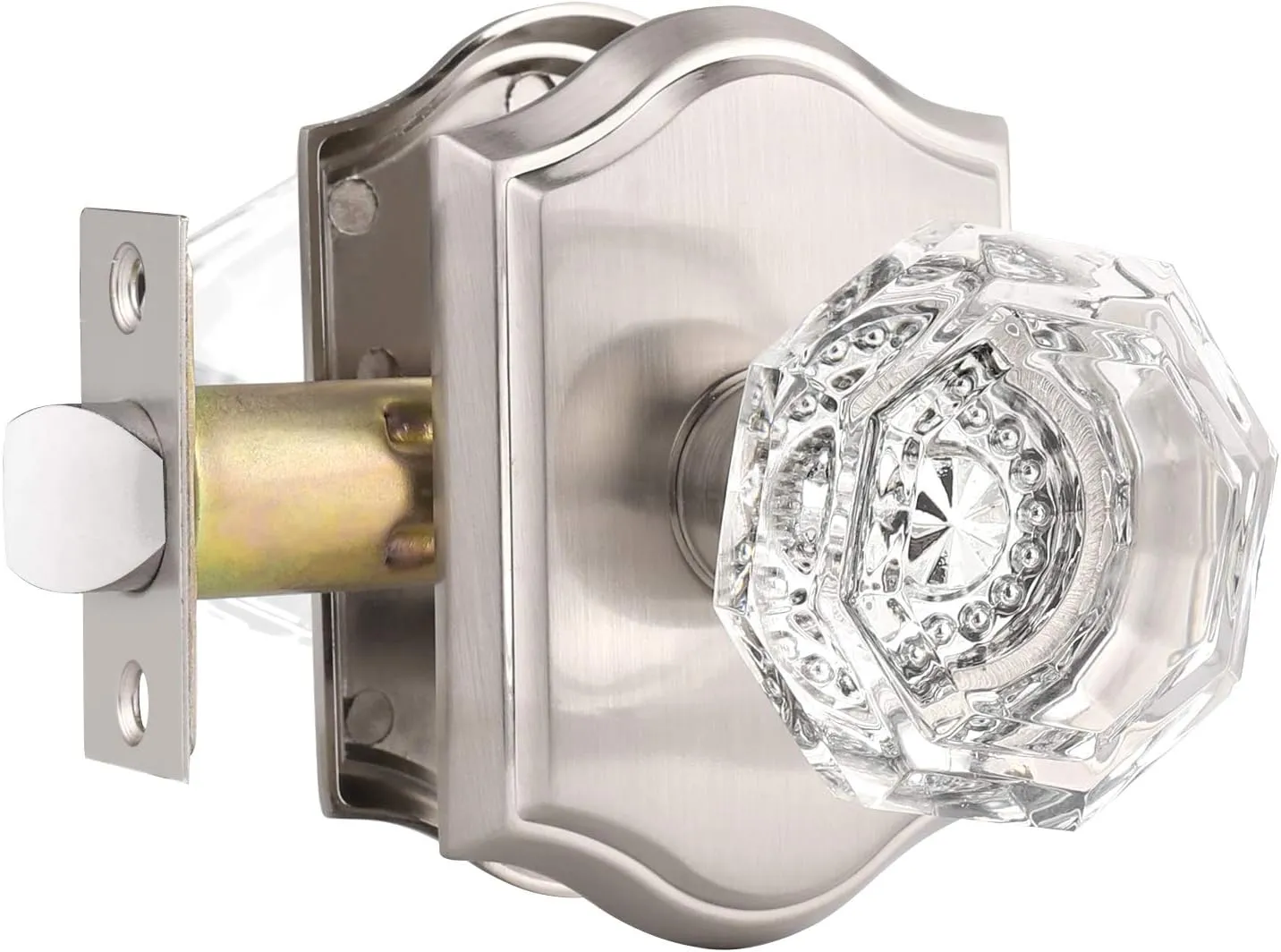 Clear Octagon Crystal Glass Door Knob Kit,Keyless Passage Handle for Hallway Closet Pantry,Satin Nickel Arched Rosette,1Pack